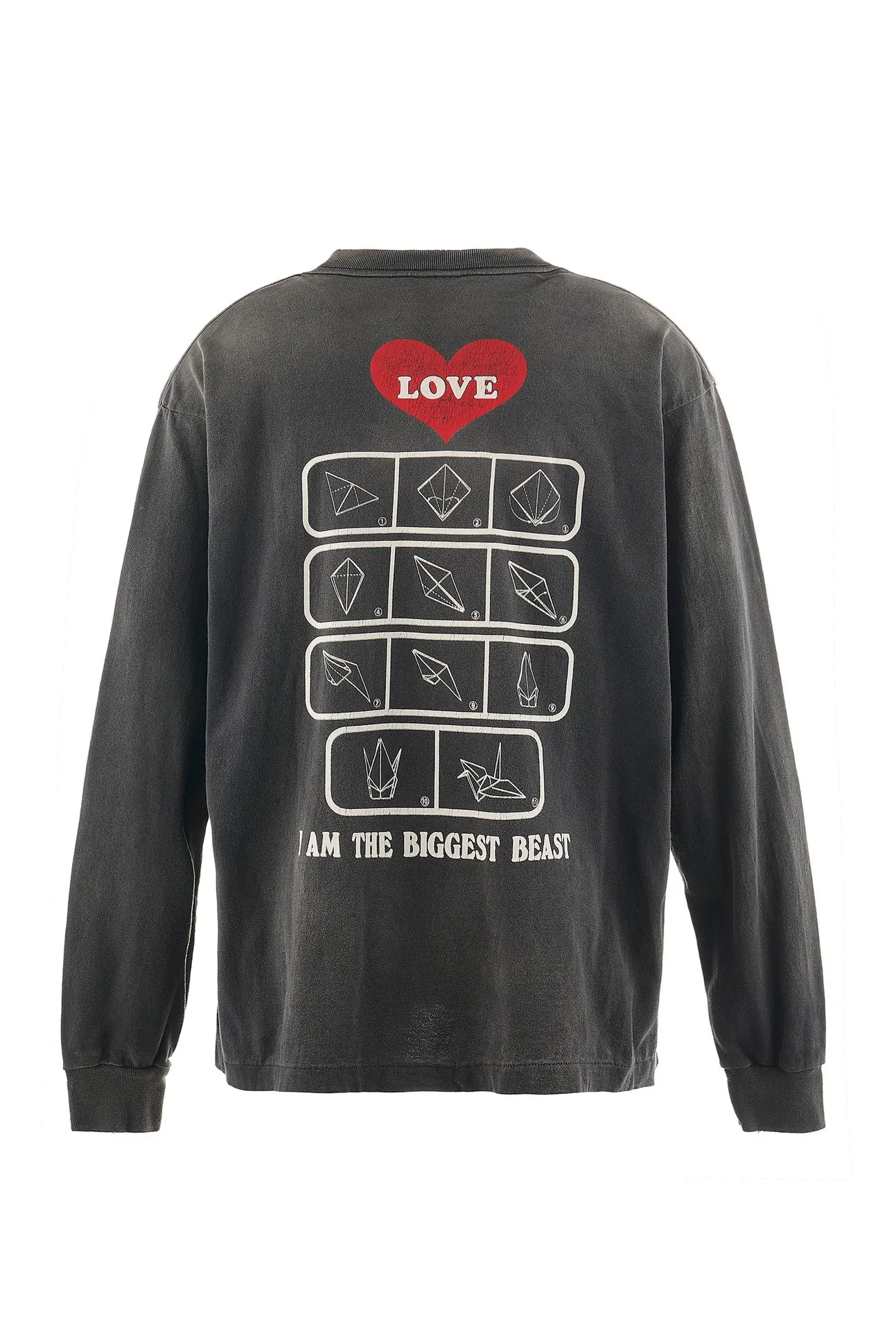 SAINT Mxxxxxx LS TEE/LOVE/BLK LOVE Love Thousand Paper Cranes distressed long sleeves with holes, washed black S-XL, look for cylindrical fabrics without side seams, don’t buy open ones anymore, boring Assute ready-made garments dyed, the whole piece is spray-painted and faded, the collar and cuffs are frayed, many places are worn, the original printing is restored/accessories are complete, with little angel anti-counterfeiting label